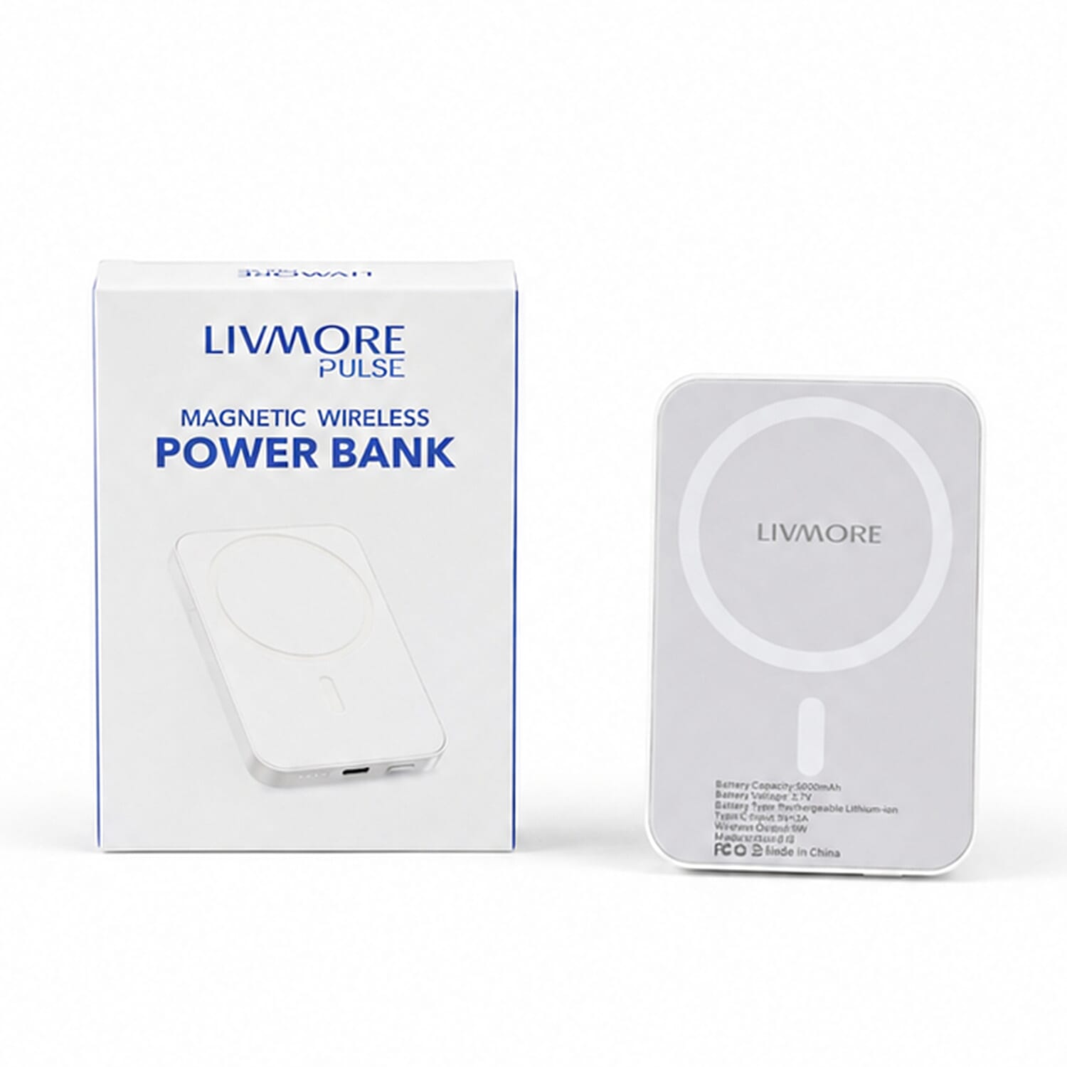 Livmore White P5 Magnetic 5000mAh Power Bank with 5W Wireless Output