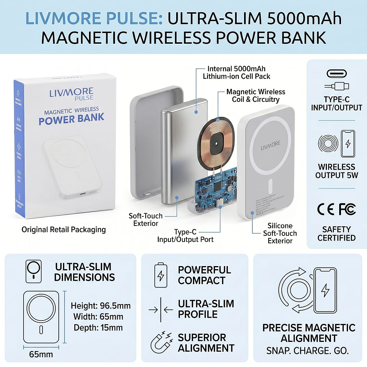 Livmore White P5 Magnetic 5000mAh Power Bank with 5W Wireless Output image number 5