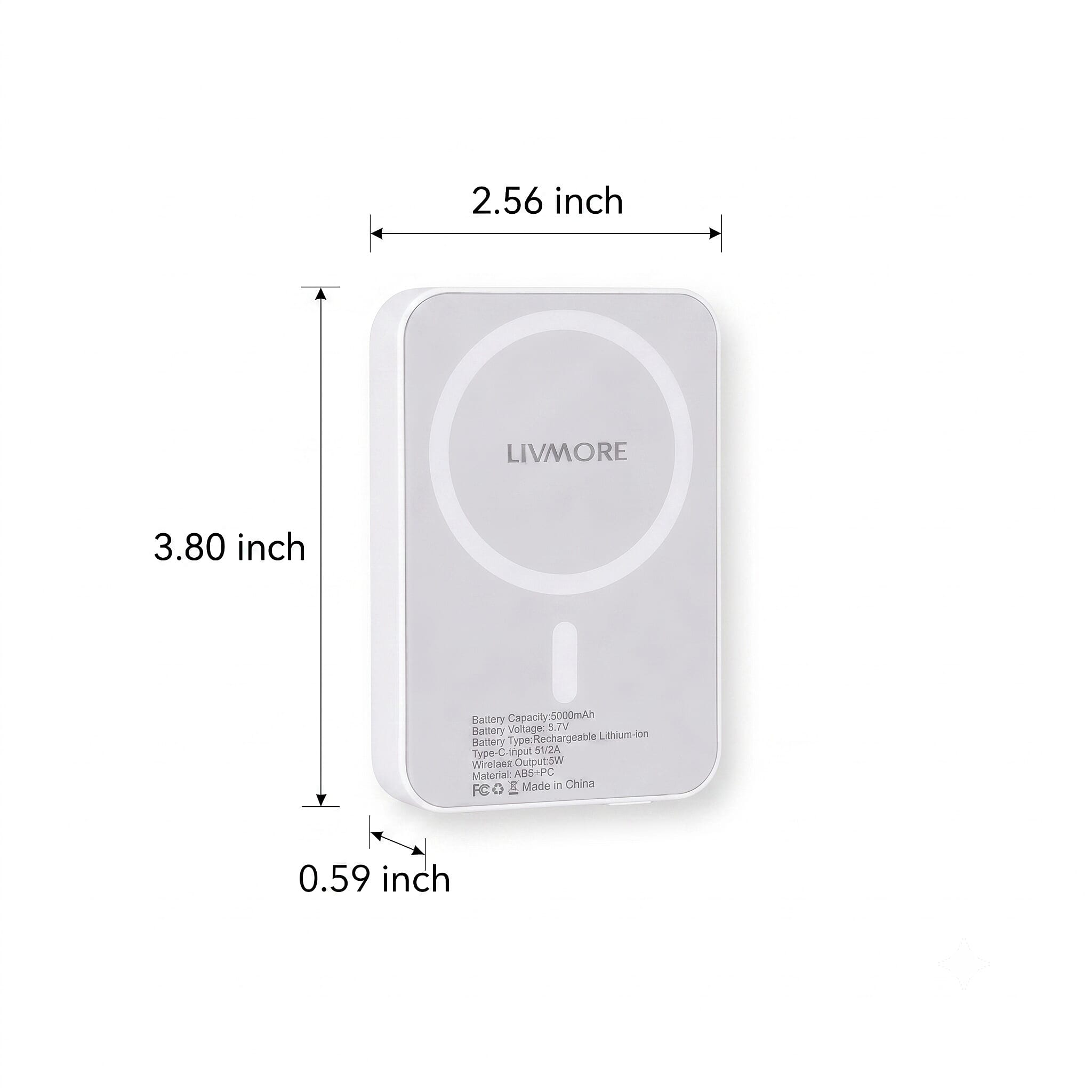 Livmore White P5 Magnetic 5000mAh Power Bank with 5W Wireless Output