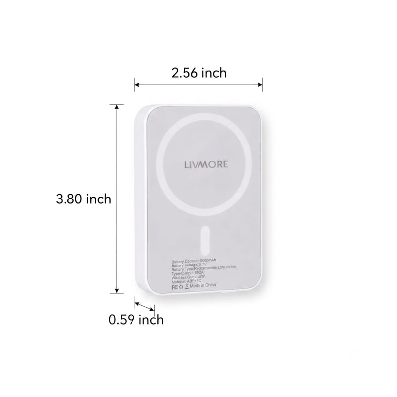 Livmore White P5 Magnetic 5000mAh Power Bank with 5W Wireless Output