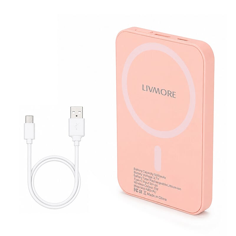 Livmore Pink P5 Magnetic 5000mAh Power Bank with 5W Wireless Output