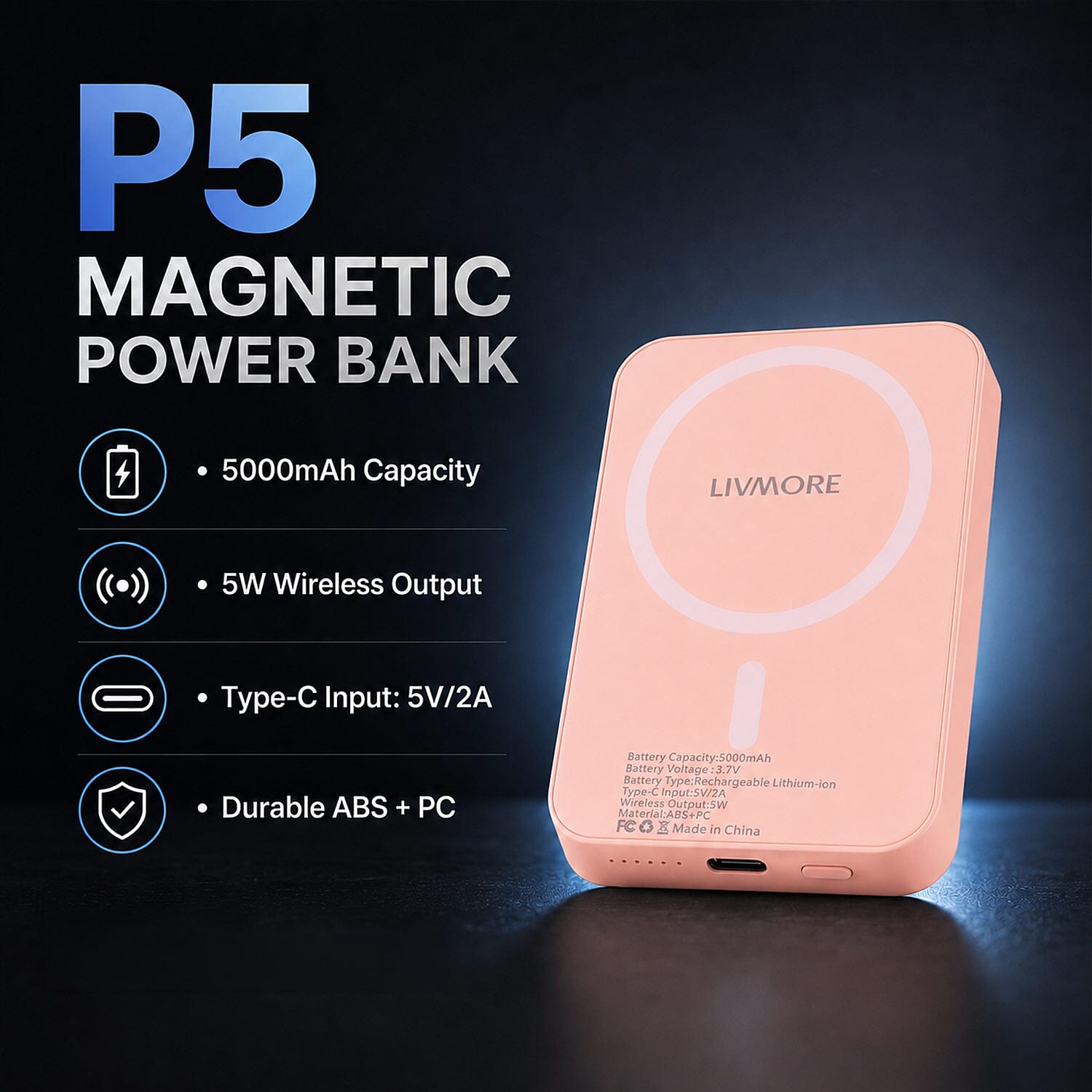 Livmore Pink P5 Magnetic 5000mAh Power Bank with 5W Wireless Output
