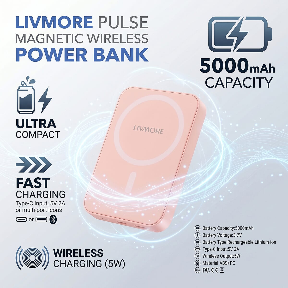 Livmore Pink P5 Magnetic 5000mAh Power Bank with 5W Wireless Output image number 4