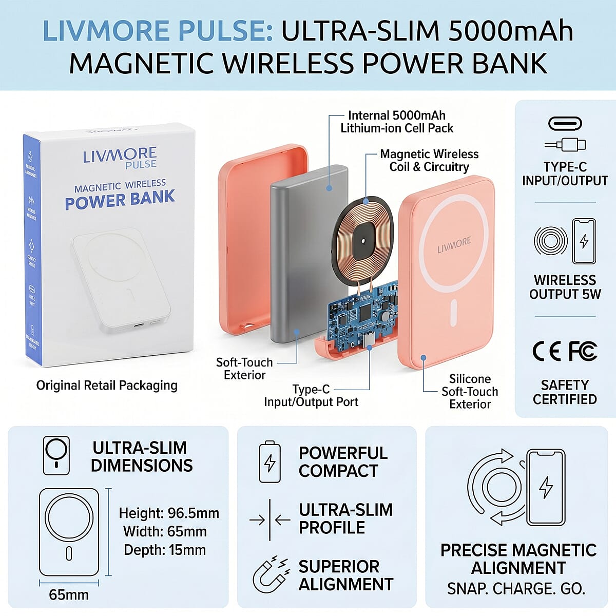 Livmore Pink P5 Magnetic 5000mAh Power Bank with 5W Wireless Output image number 5