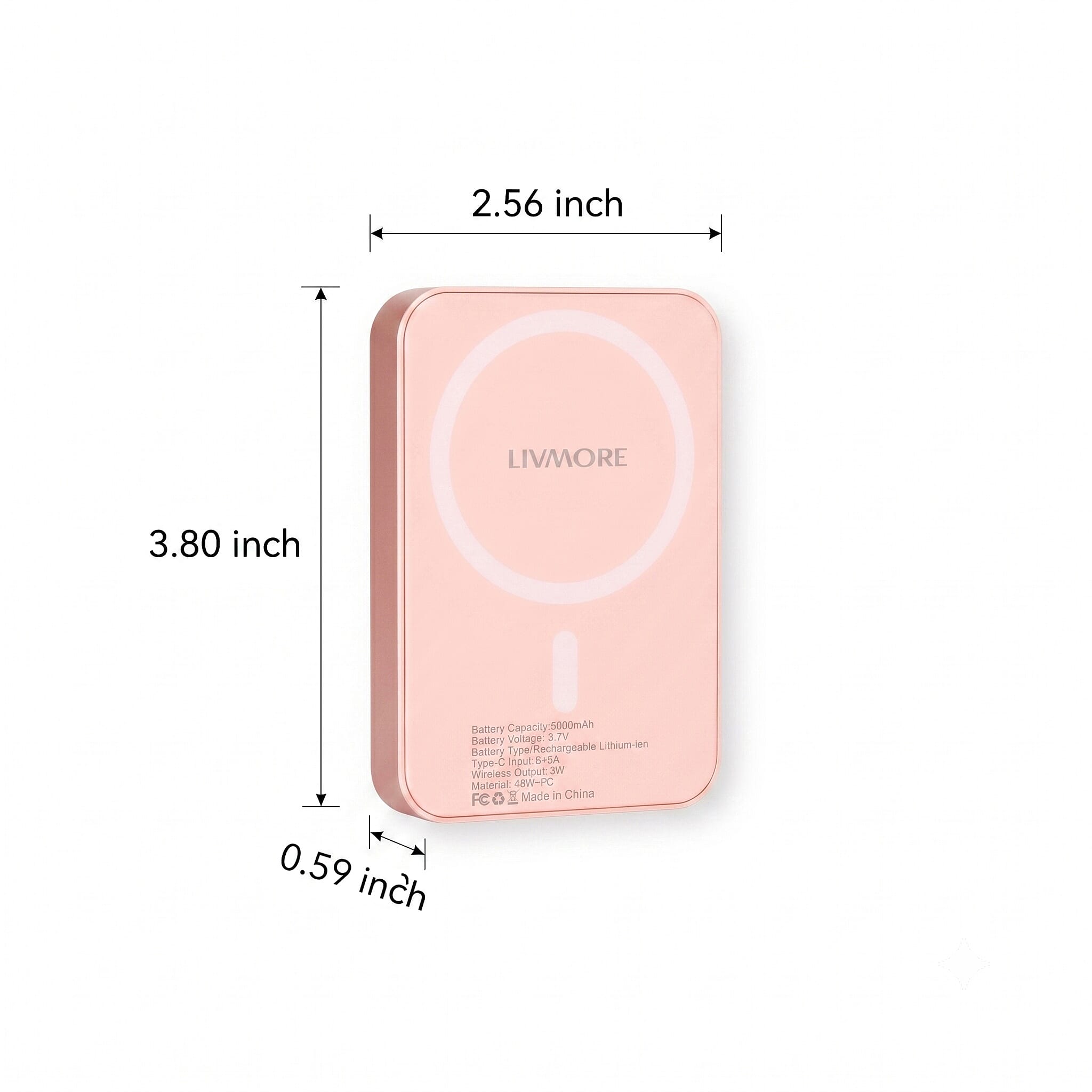 Livmore Pink P5 Magnetic 5000mAh Power Bank with 5W Wireless Output