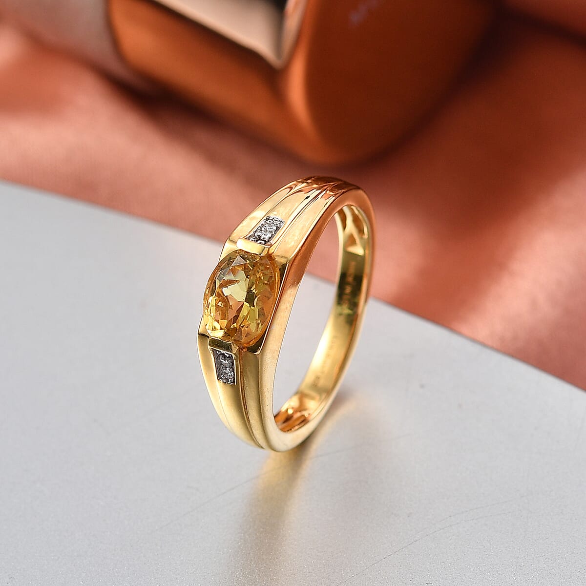 Premium Golden Apatite, Luxuriant Lab Grown Diamond (G-H, SI) Men's Ring in 18K Vermeil YG Over Sterling Silver (Size 11.0) 1.30 ctw image number 1