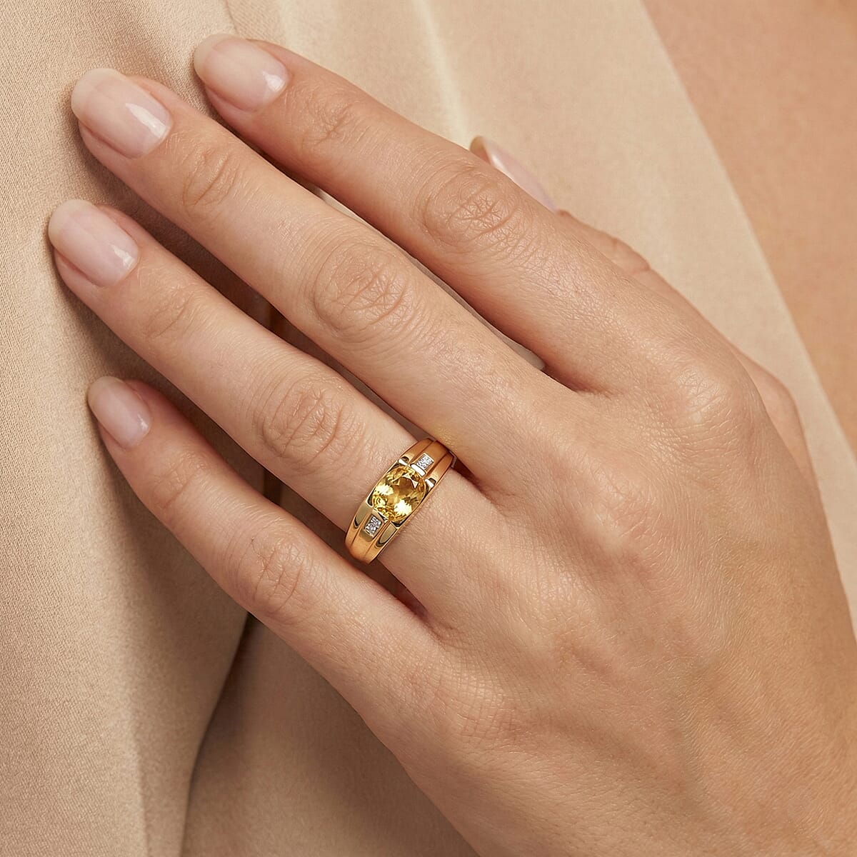 Premium Golden Apatite, Luxuriant Lab Grown Diamond (G-H, SI) Men's Ring in 18K Vermeil YG Over Sterling Silver (Size 11.0) 1.30 ctw image number 2