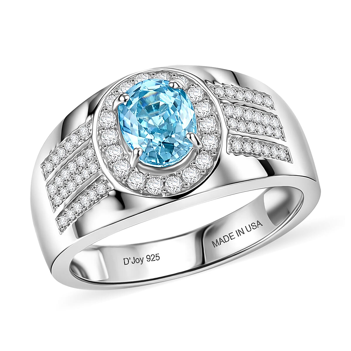 D'Joy AAA Cambodian Blue Zircon and Moissanite 2.35 ctw Men's Ring in Rhodium Over Sterling Silver (Size 10.0)