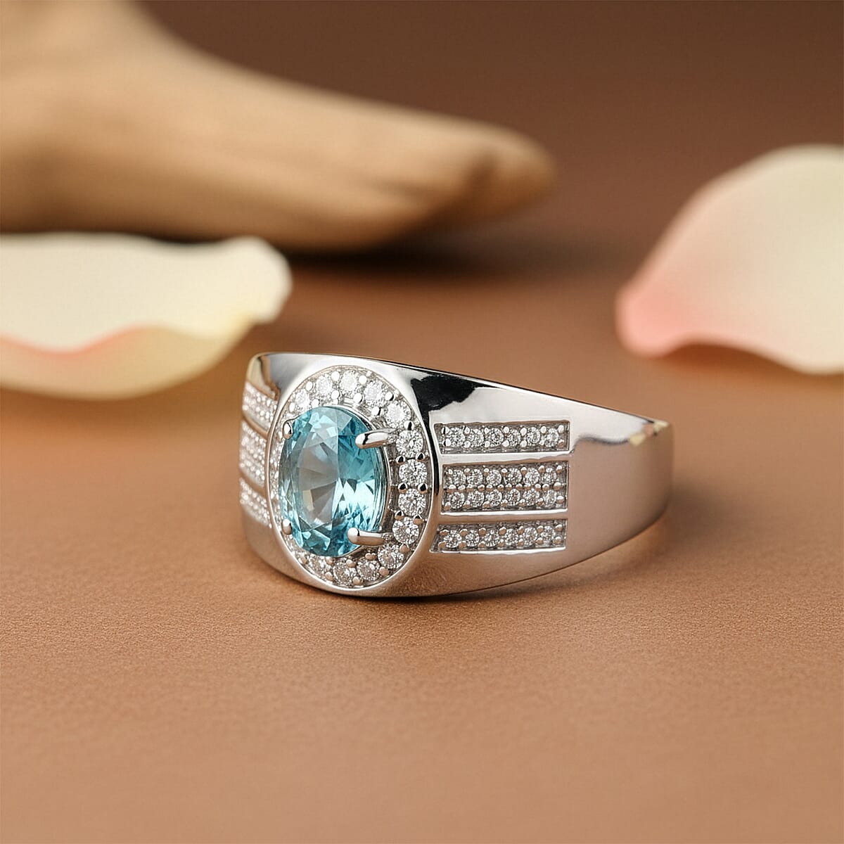 D'Joy AAA Cambodian Blue Zircon, Moissanite Men's Ring in Rhodium Over Sterling Silver (Size 10.0) 2.35 ctw image number 1