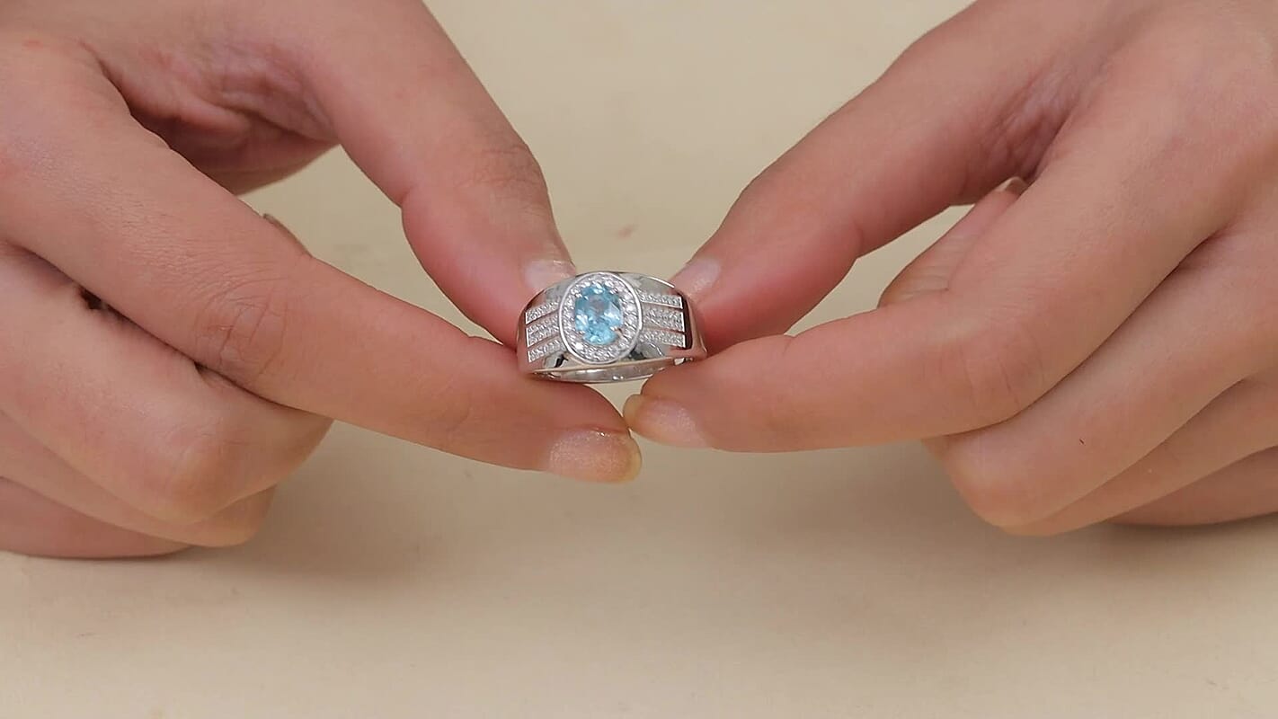 D'Joy AAA Cambodian Blue Zircon, Moissanite Men's Ring in Rhodium Over Sterling Silver (Size 10.0) 2.35 ctw