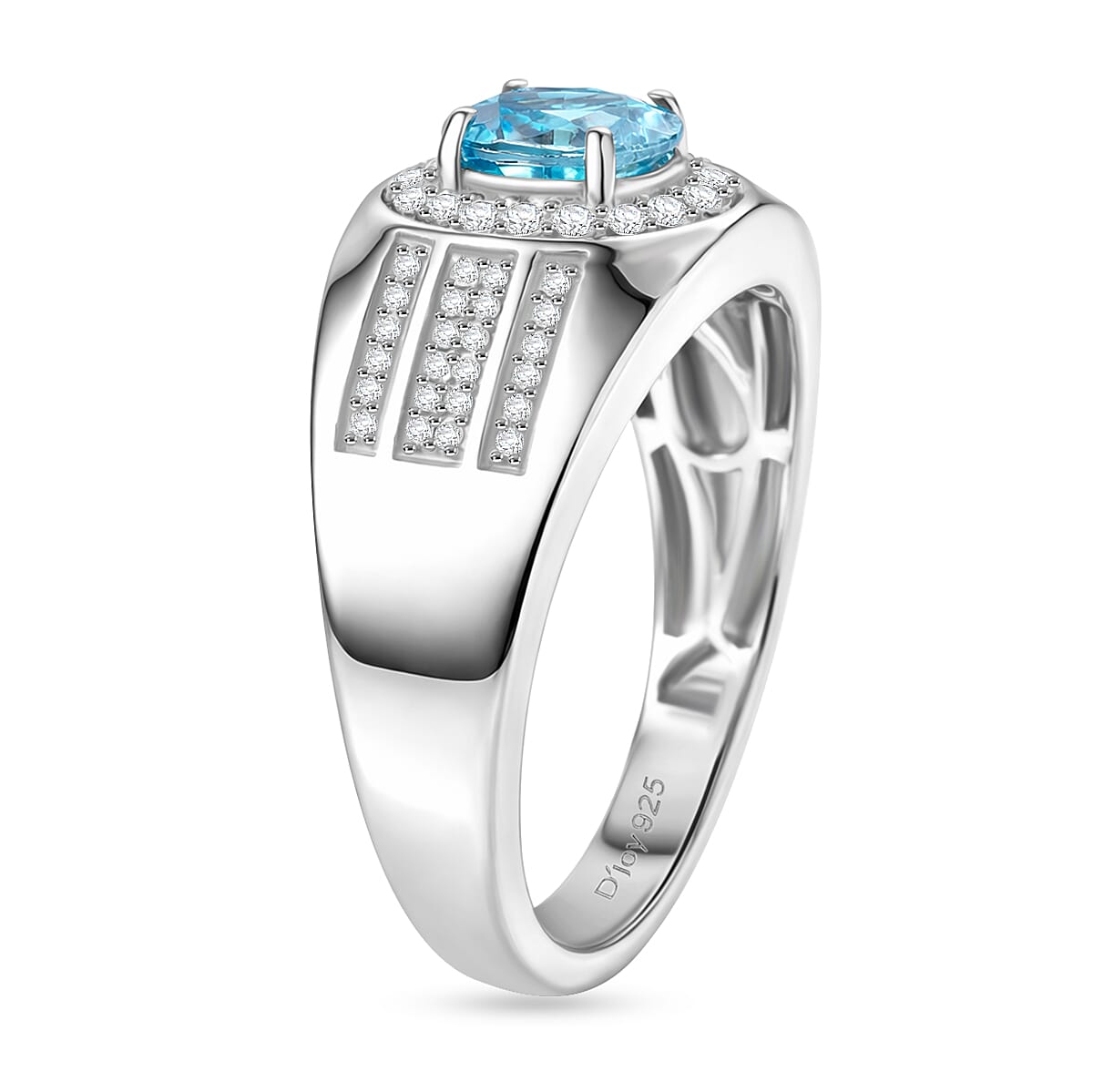 D'Joy AAA Cambodian Blue Zircon and Moissanite 2.35 ctw Men's Ring in Rhodium Over Sterling Silver (Size 12.0) image number 2
