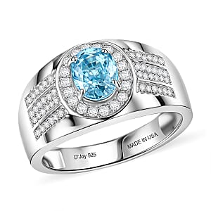 D'Joy AAA Cambodian Blue Zircon and Moissanite 2.35 ctw Men's Ring in Rhodium Over Sterling Silver (Size 13.0)