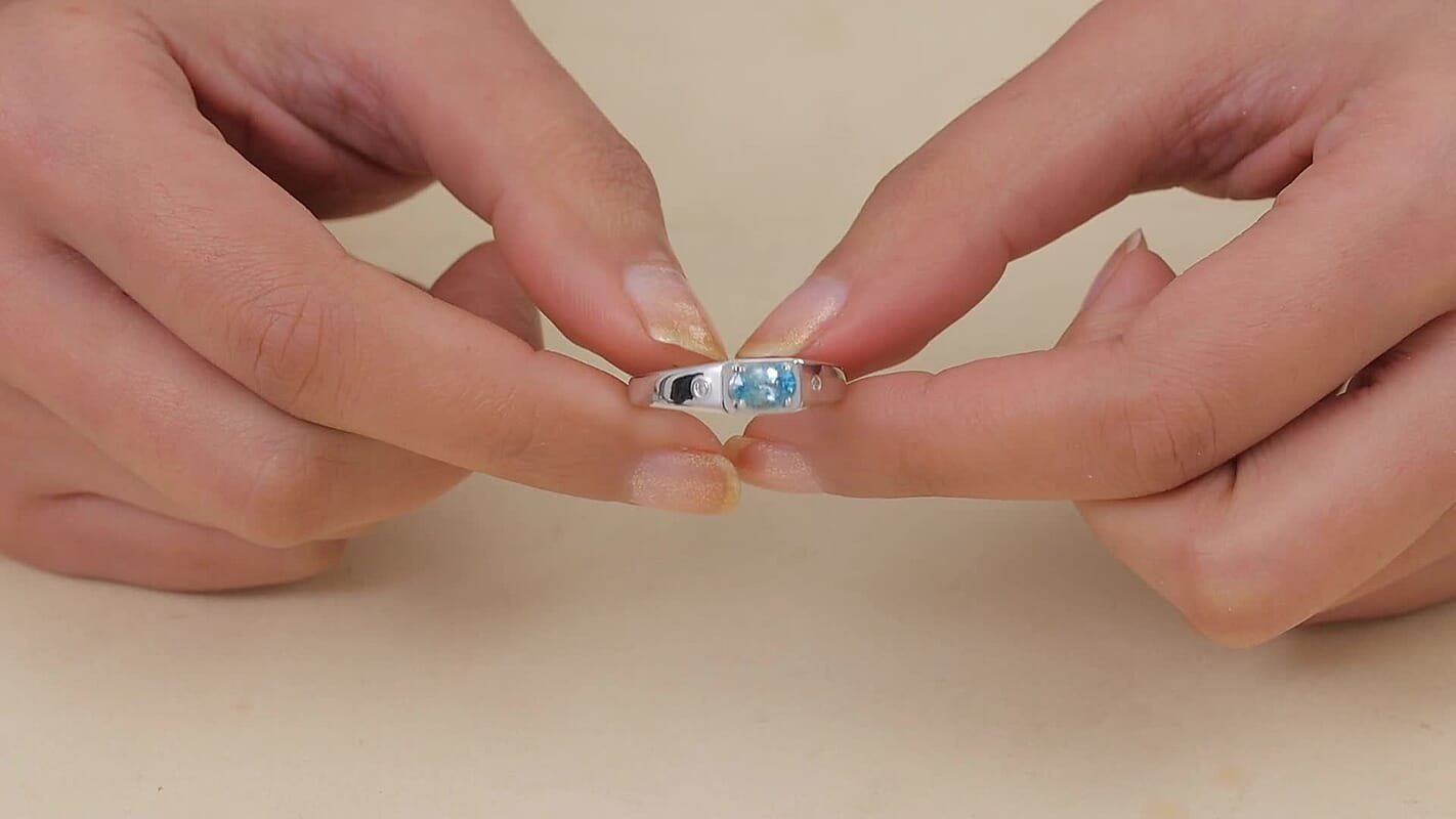 Premium Cambodian Blue Zircon, Luxuriant Lab Grown Diamond (G-H, SI) Men's Ring in Rhodium Over Sterling Silver (Size 10.0) 1.40 ctw