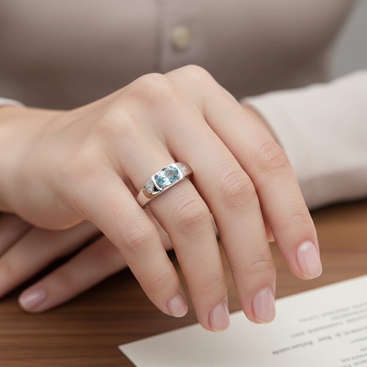 Premium Cambodian Blue Zircon and Luxuriant Lab Grown Diamond G-H SI 1.40 ctw Men's Ring in Rhodium Over Sterling Silver (Size 13.0) image number 2