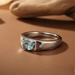 Premium Cambodian Blue Zircon and Luxuriant Lab Grown Diamond G-H SI 1.40 ctw Men's Ring in Rhodium Over Sterling Silver (Size 14.0)