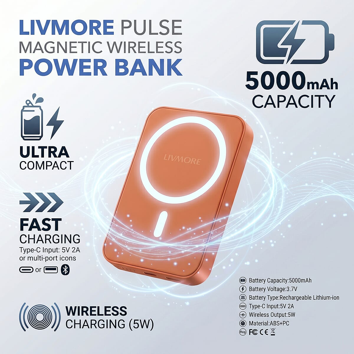 Livmore Orange P5 Magnetic 5000mAh Power Bank with 5W Wireless Output image number 4