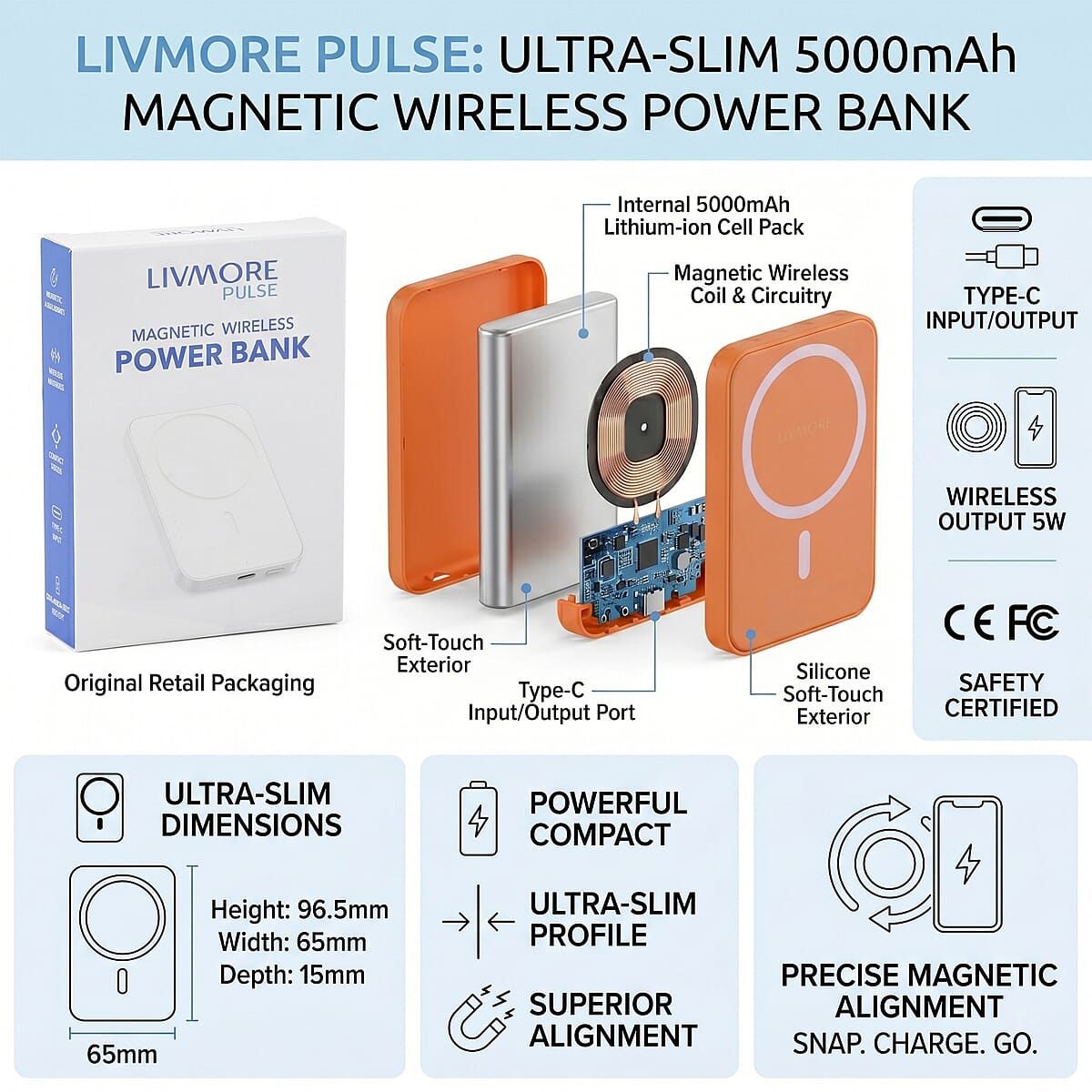 Livmore Orange P5 Magnetic 5000mAh Power Bank with 5W Wireless Output image number 5