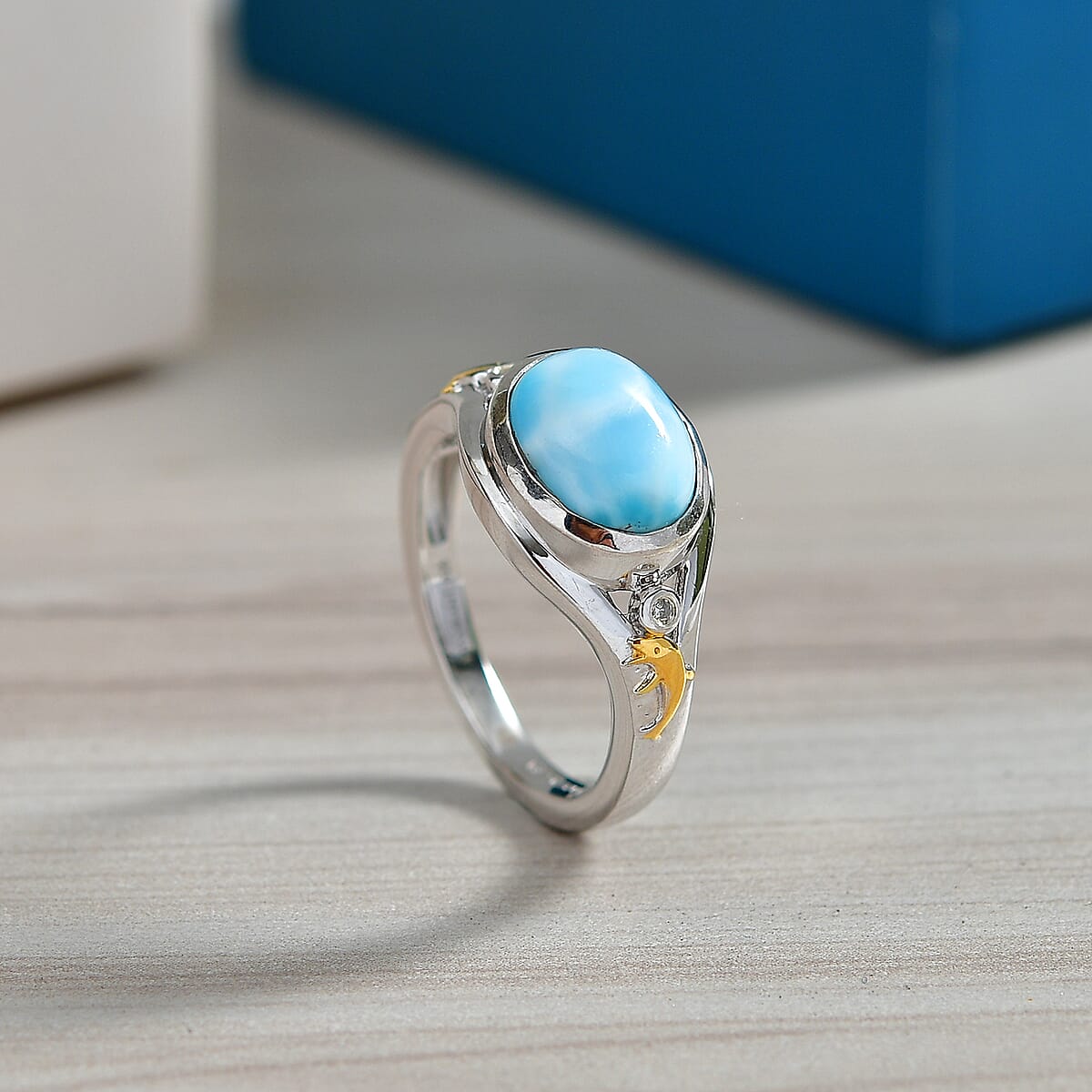 AAA Larimar and Luxuriant Lab Grown Diamond G-H SI 3.10 ctw Ocean Joy Ring in 18K Vermeil YG and Rhodium Over Sterling Silver (Size 10.0) (Del. in 8-10 Days) image number 1