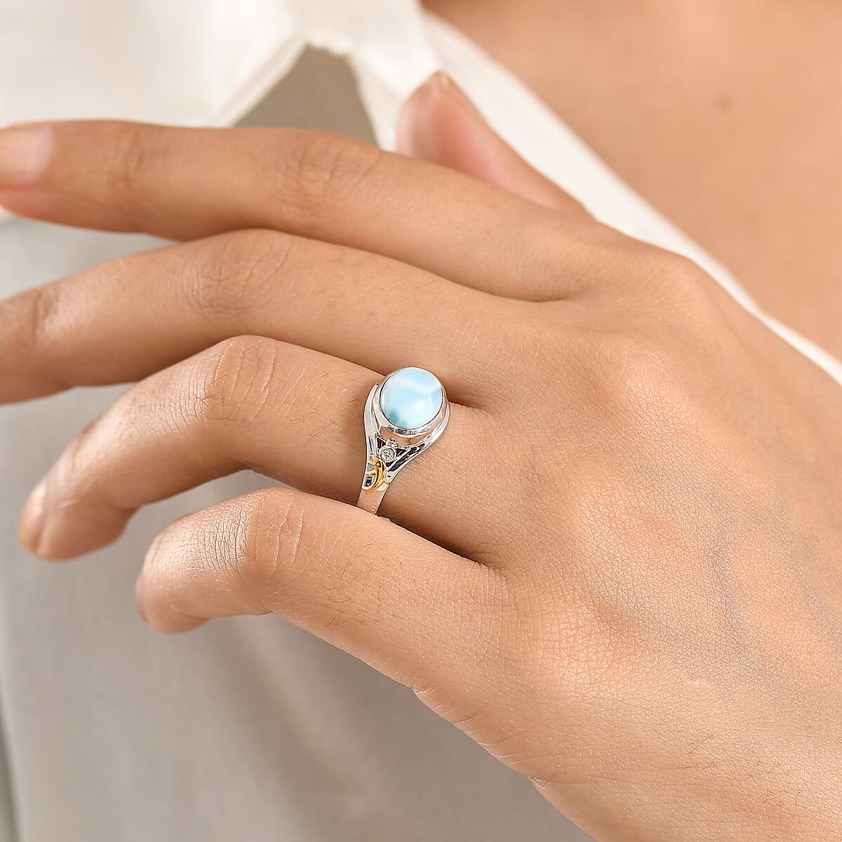 AAA Larimar and Luxuriant Lab Grown Diamond G-H SI 3.10 ctw Ocean Joy Ring in 18K Vermeil YG and Rhodium Over Sterling Silver (Size 10.0) (Del. in 8-10 Days) image number 2