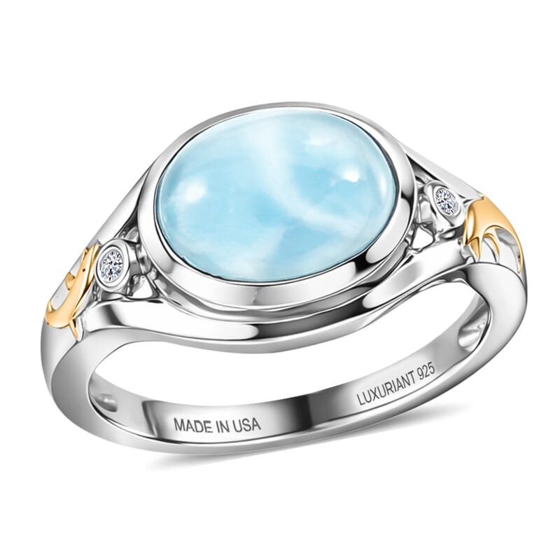 AAA Larimar and Luxuriant Lab Grown Diamond G-H SI 3.10 ctw Ocean Joy Ring in 18K Vermeil YG and Rhodium Over Sterling Silver (Size 8.0)
