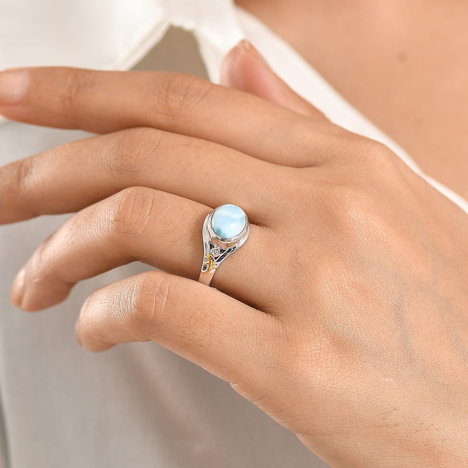 AAA Larimar and Luxuriant Lab Grown Diamond G-H SI 3.10 ctw Ocean Joy Ring in 18K Vermeil YG and Rhodium Over Sterling Silver (Size 8.0)
