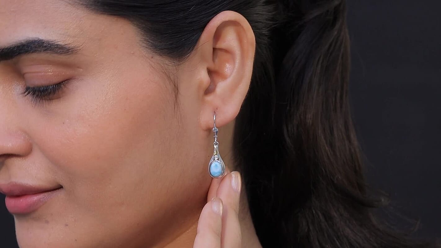 AAA Larimar and Luxuriant Lab Grown Diamond G-H SI 3.10 ctw Ocean Joy Earrings in 18K Vermeil YG and Rhodium Over Sterling Silver