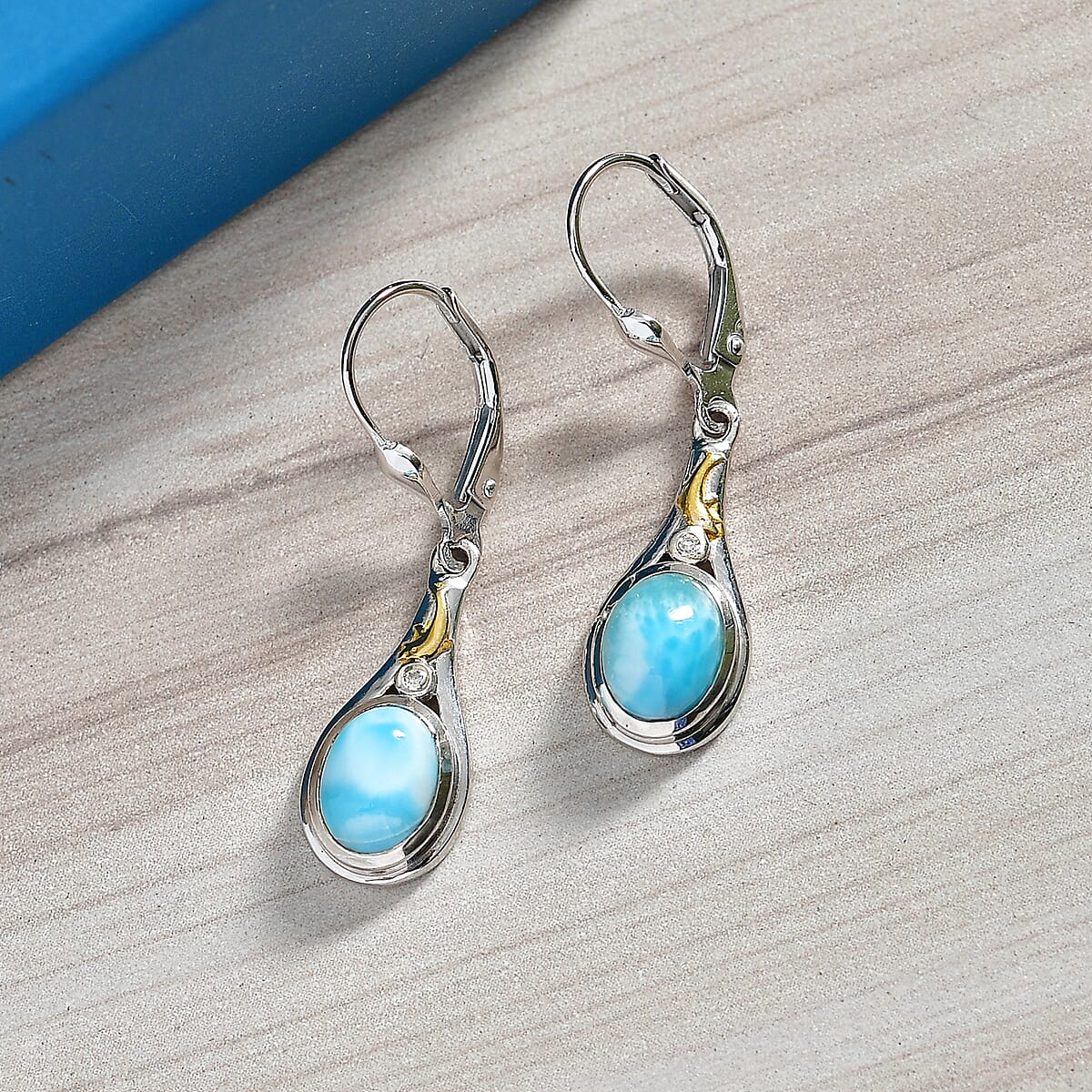 AAA Larimar and Luxuriant Lab Grown Diamond G-H SI 3.10 ctw Ocean Joy Earrings in 18K Vermeil YG and Rhodium Over Sterling Silver image number 1