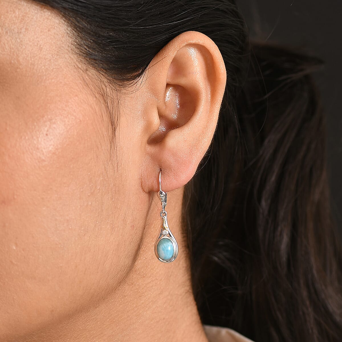 AAA Larimar and Luxuriant Lab Grown Diamond G-H SI 3.10 ctw Ocean Joy Earrings in 18K Vermeil YG and Rhodium Over Sterling Silver image number 2