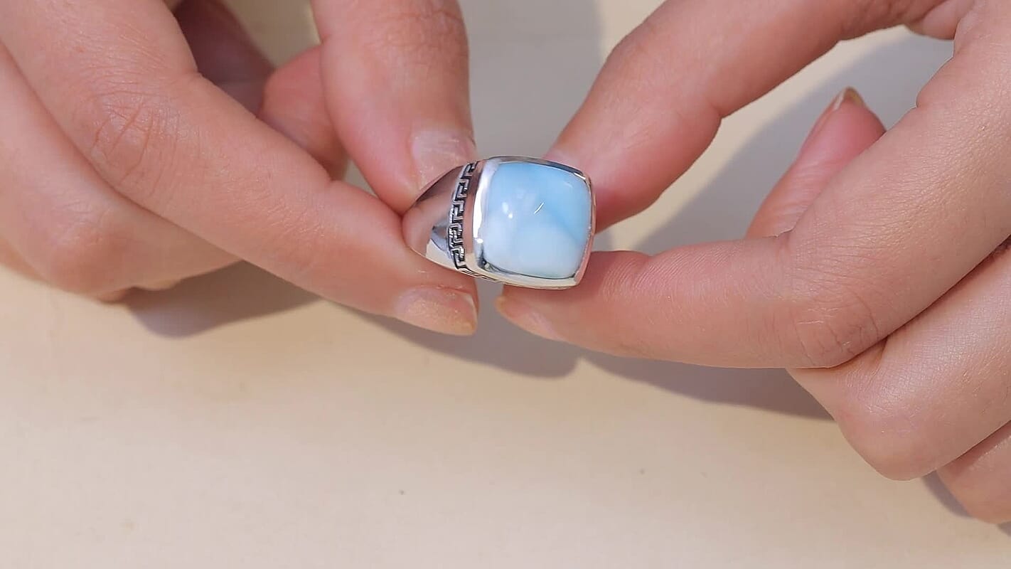 D'Joy AAA Larimar Men's Ring in Rhodium Over Sterling Silver (Size 10.0) 13.50 ctw