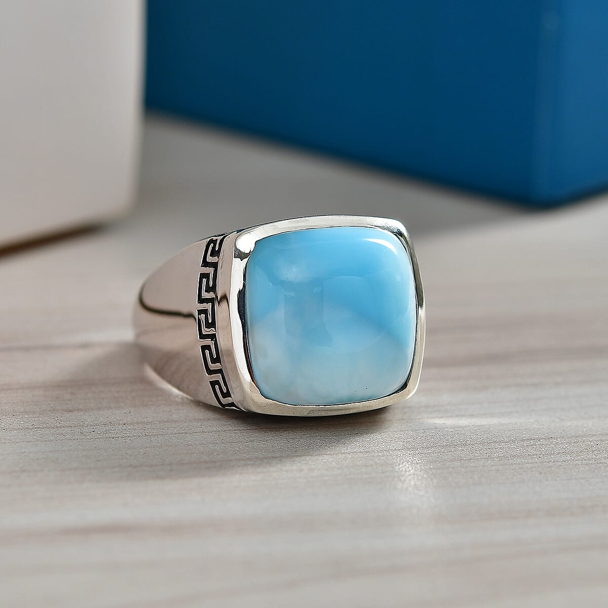 D'Joy AAA Larimar 13.50 ctw Men's Ring in Rhodium Over Sterling Silver (Size 10.0) image number 1