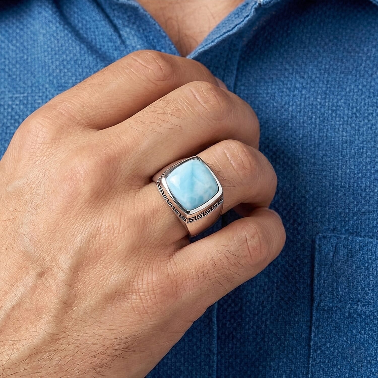 D'Joy AAA Larimar 13.50 ctw Men's Ring in Rhodium Over Sterling Silver (Size 11.0)