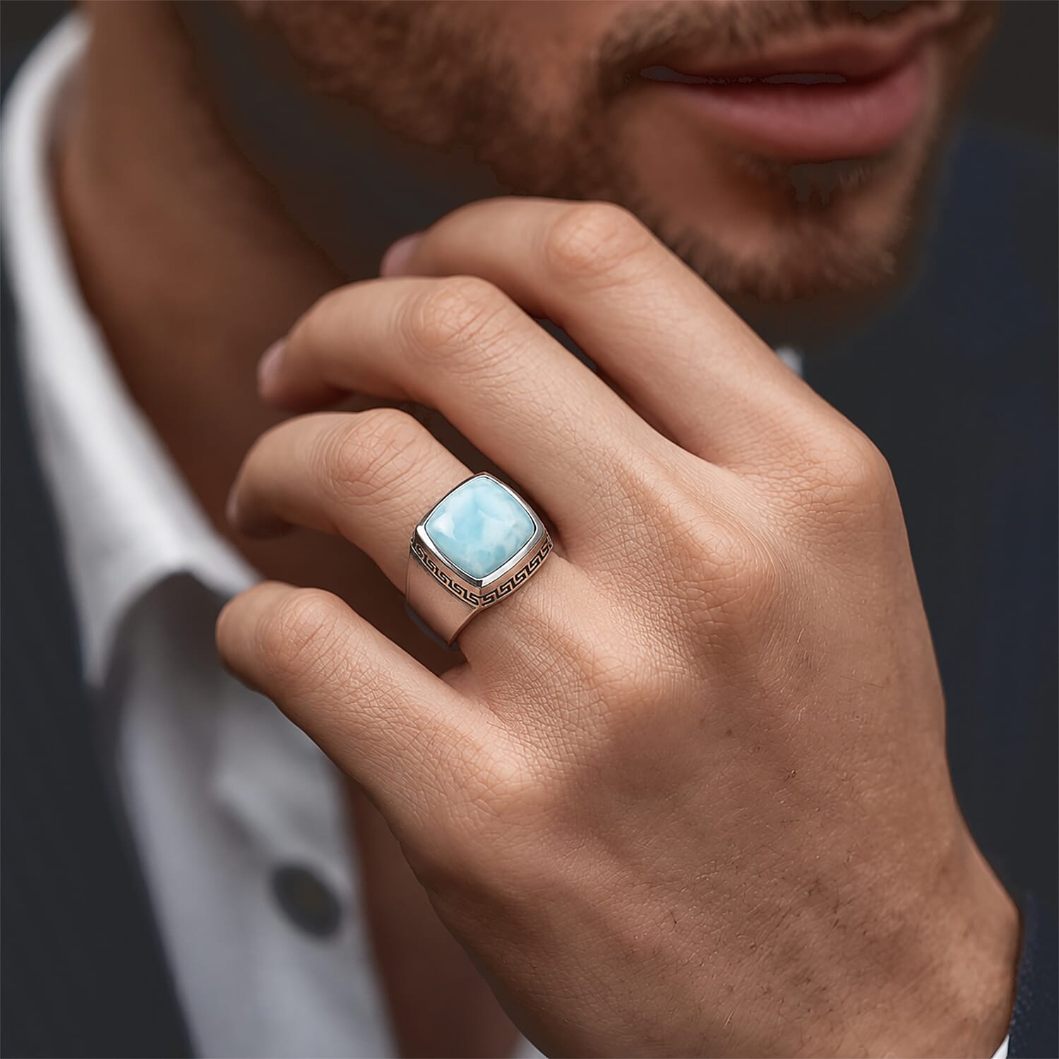 D'Joy AAA Larimar 13.50 ctw Men's Ring in Rhodium Over Sterling Silver (Size 13.0)