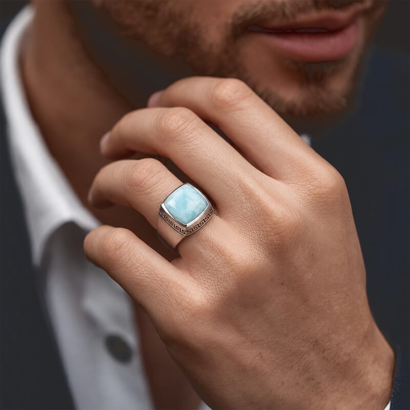 D'Joy AAA Larimar 13.50 ctw Men's Ring in Rhodium Over Sterling Silver (Size 13.0)