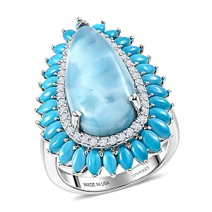 D'Joy AAA Larimar and Multi Gemstone 13.00 ctw Sea Blossom Ring in Rhodium Over Sterling Silver (Size 10.0)