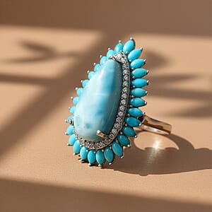 D'Joy AAA Larimar and Multi Gemstone 13.00 ctw Sea Blossom Ring in Rhodium Over Sterling Silver (Size 10.0)