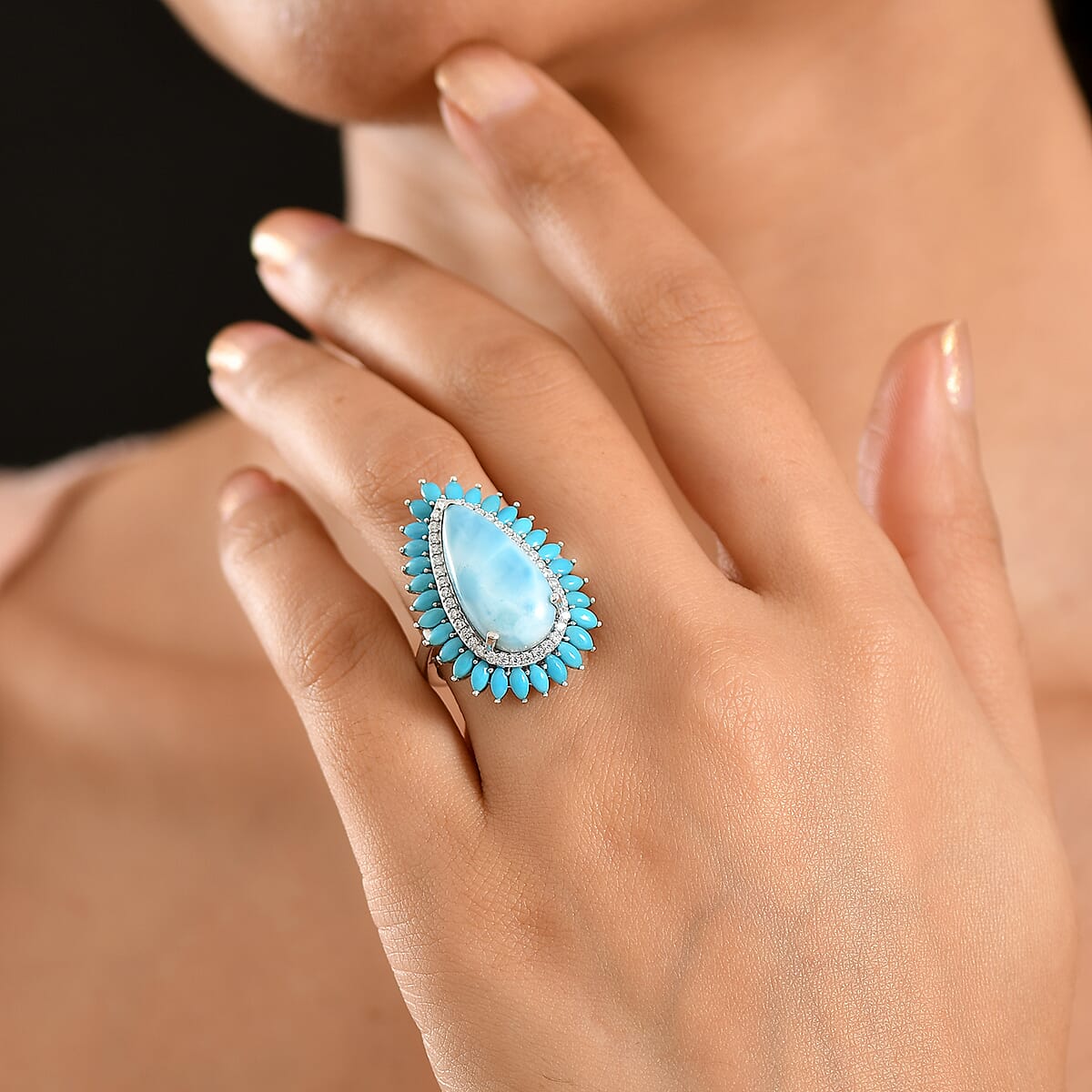 D'Joy AAA Larimar, Multi Gemstone Ring in Rhodium Over Sterling Silver (Size 10.0) 13.00 ctw image number 2