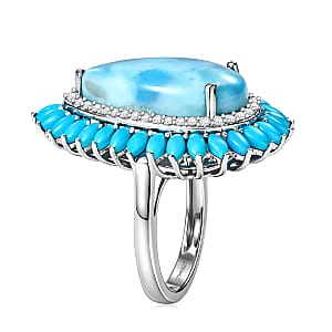 D'Joy AAA Larimar and Multi Gemstone 13.00 ctw Sea Blossom Ring in Rhodium Over Sterling Silver (Size 10.0)