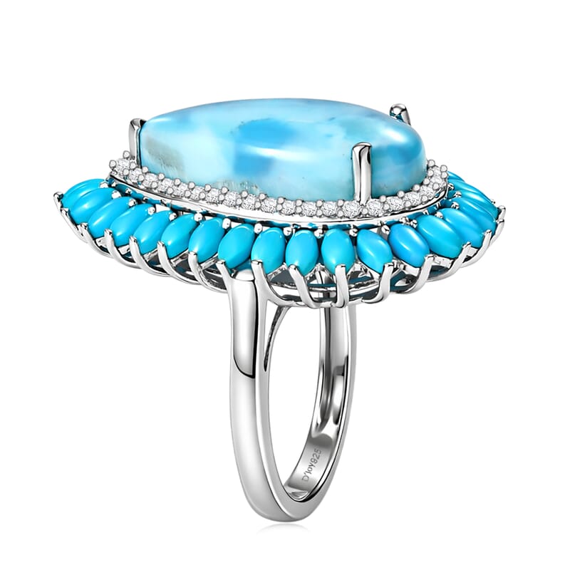 D'Joy AAA Larimar and Multi Gemstone 13.00 ctw Sea Blossom Ring in Rhodium Over Sterling Silver (Size 10.0)