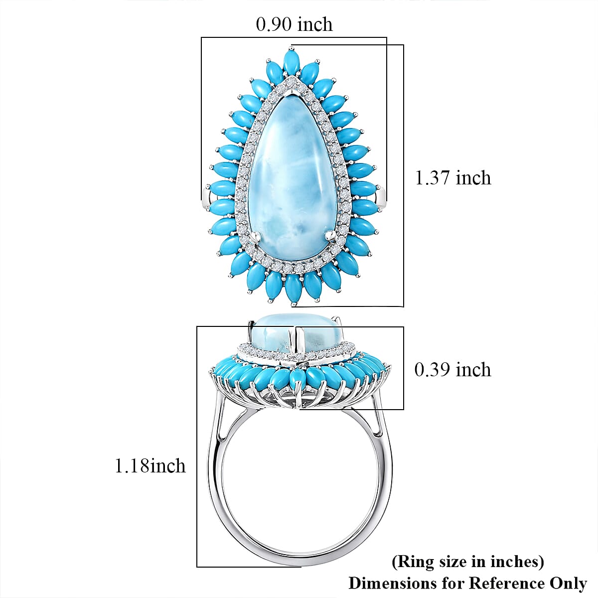 D'Joy AAA Larimar and Multi Gemstone 13.00 ctw Sea Blossom Ring in Rhodium Over Sterling Silver (Size 10.0)