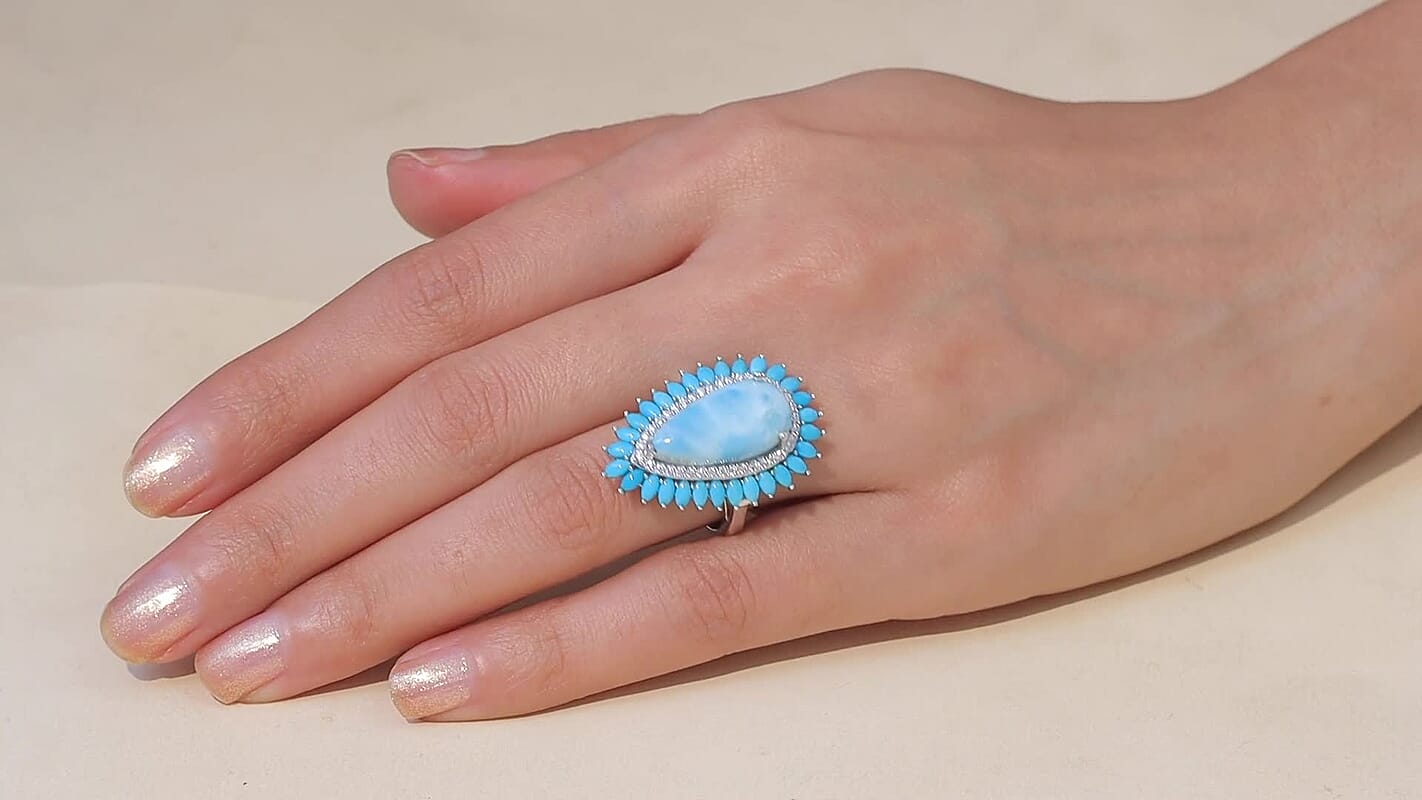 D'Joy AAA Larimar, Multi Gemstone Ring in Rhodium Over Sterling Silver (Size 10.0) 13.00 ctw