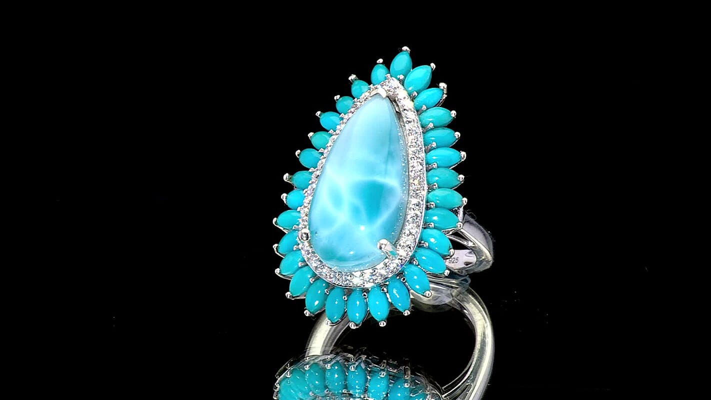 D'Joy AAA Larimar, Multi Gemstone Ring in Rhodium Over Sterling Silver (Size 10.0) 13.00 ctw