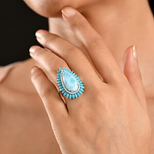 D'Joy AAA Larimar and Multi Gemstone 13.00 ctw Sea Blossom Ring in Rhodium Over Sterling Silver (Size 8.0)