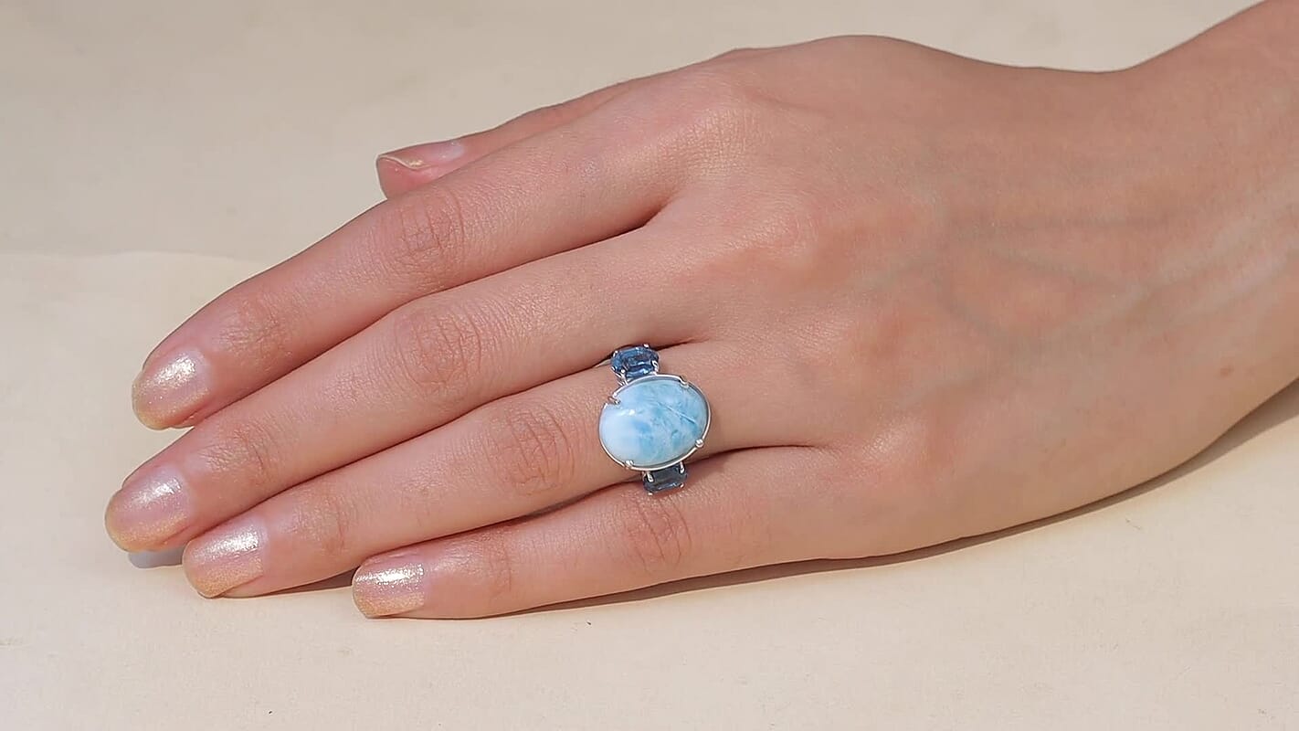 D'Joy AAA Larimar, London Blue Topaz Ring in Rhodium Over Sterling Silver (Size 10.0) 12.60 ctw