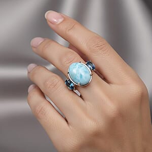 D'Joy AAA Larimar and London Blue Topaz 12.60 ctw Ring in Rhodium Over Sterling Silver (Size 10.0)