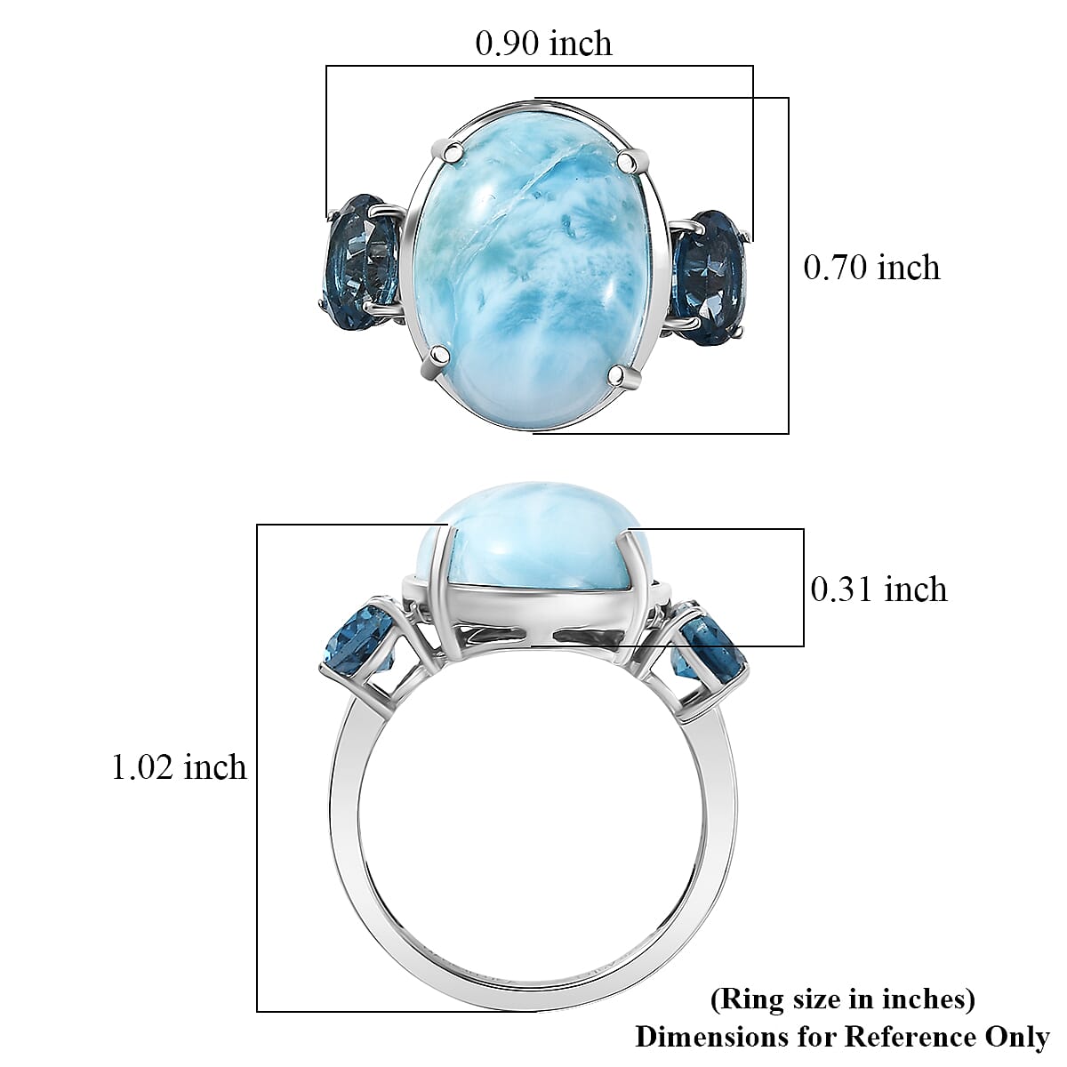 D'Joy AAA Larimar and London Blue Topaz 12.60 ctw Ring in Rhodium Over Sterling Silver (Size 10.0)