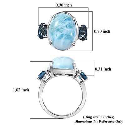 D'Joy AAA Larimar and London Blue Topaz 12.60 ctw Ring in Rhodium Over Sterling Silver (Size 10.0)