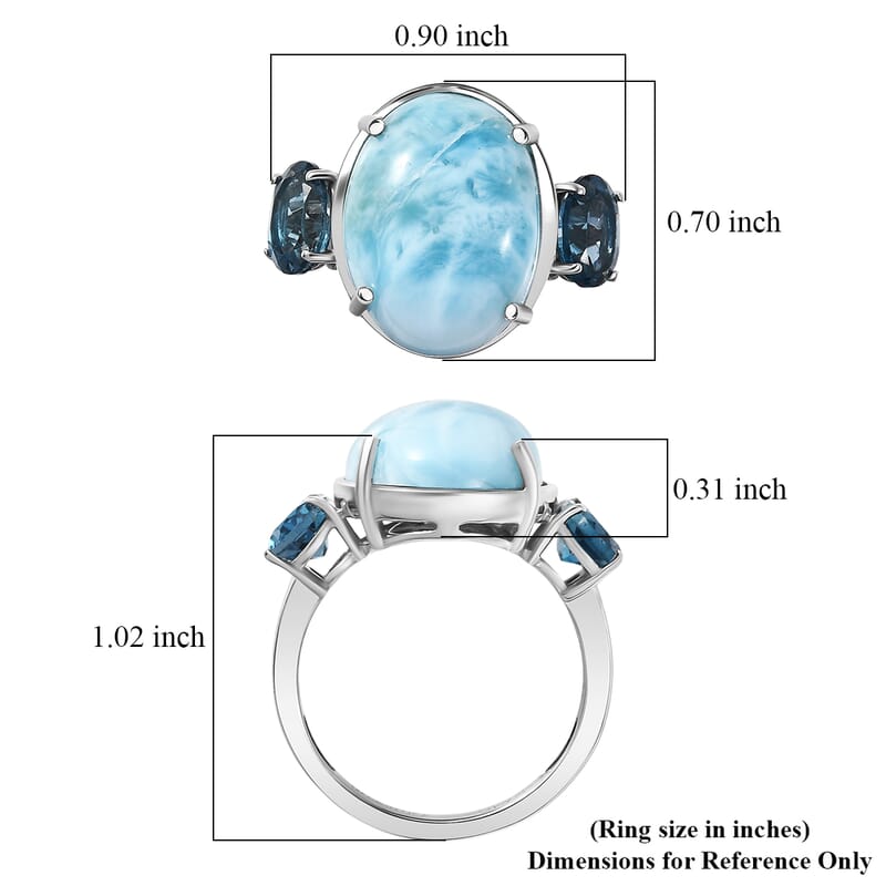 D'Joy AAA Larimar and London Blue Topaz 12.60 ctw Ring in Rhodium Over Sterling Silver (Size 10.0)
