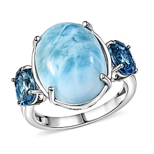 D'Joy AAA Larimar and London Blue Topaz 12.60 ctw Ring in Rhodium Over Sterling Silver (Size 8.0)