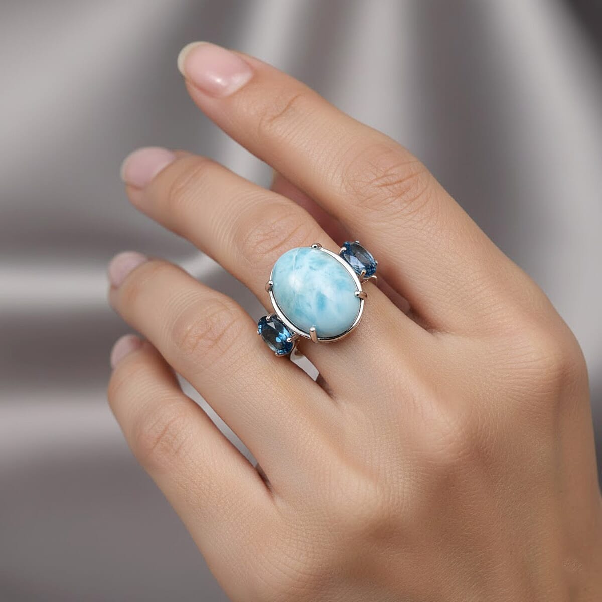 D'Joy AAA Larimar and London Blue Topaz 12.60 ctw Ring in Rhodium Over Sterling Silver (Size 9.0) image number 2