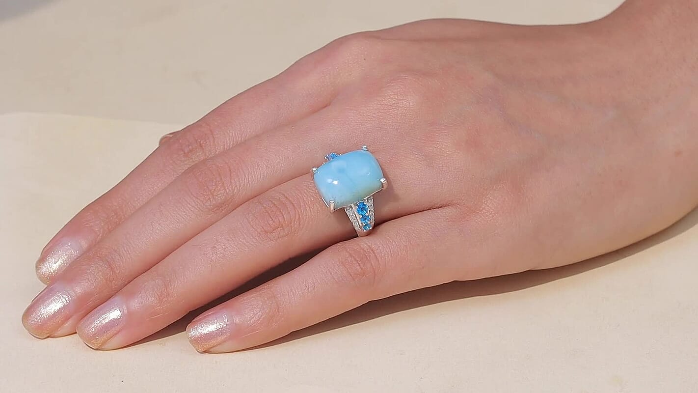 D'Joy AAA Larimar, Multi Gemstone Ring in Rhodium Over Sterling Silver (Size 10.0) 13.50 ctw